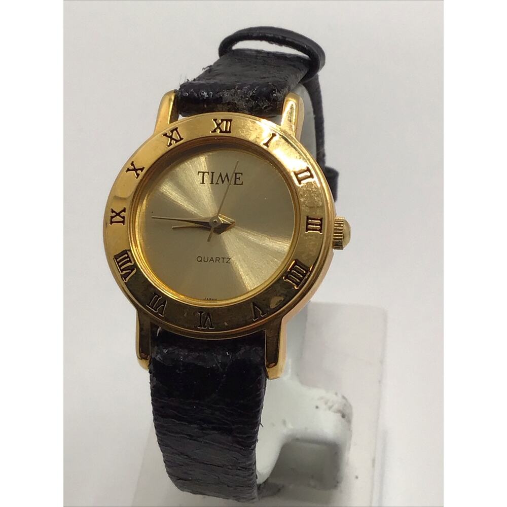 Ladies Time Gold Tone Black Band Fashion Watch New Battery!